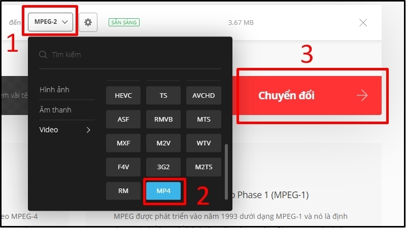 Chọn định dạng MP4 và bấm Chuyển đổi